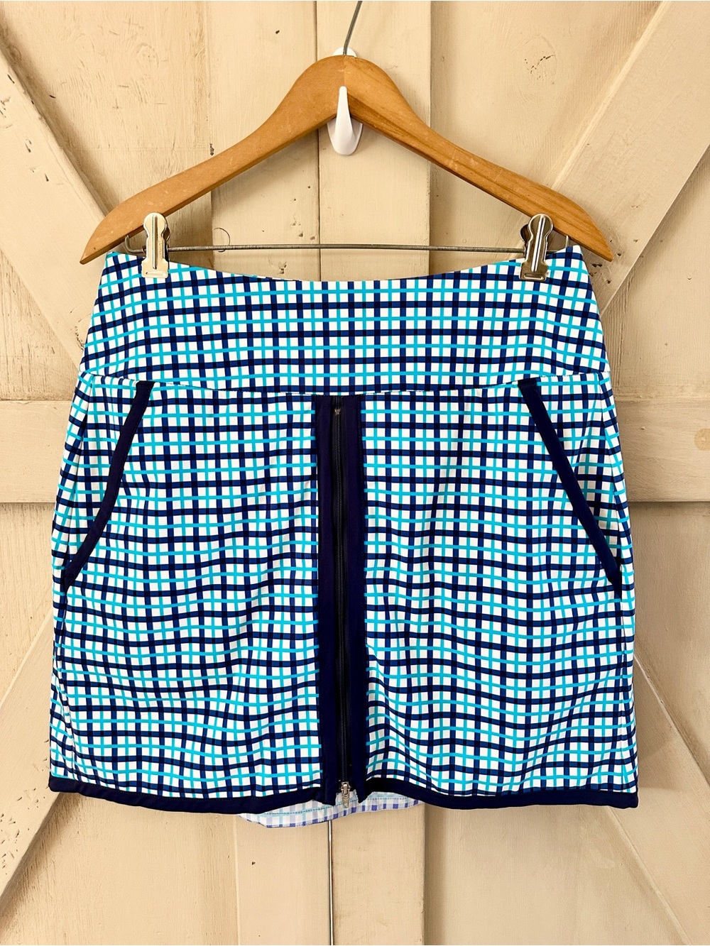 KINONA Summer Sass Golf Skort Blue Turquoise Navy Plaid Size M